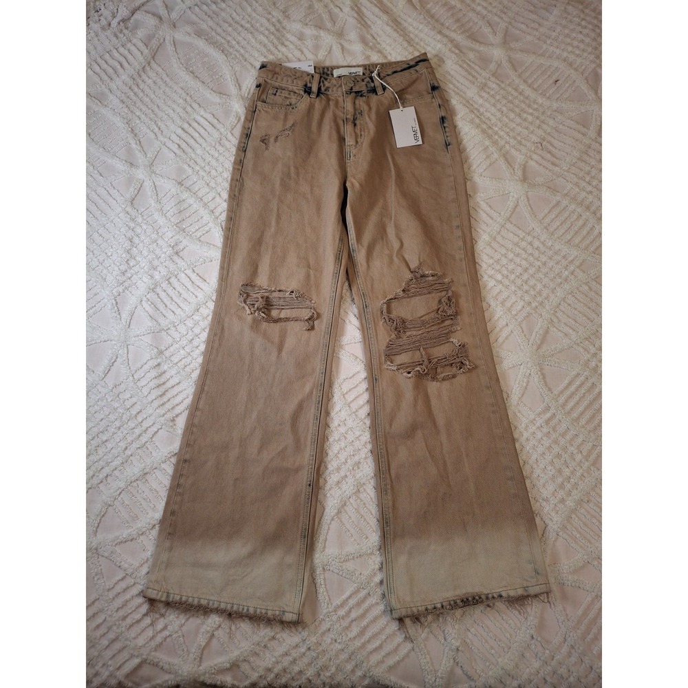 Vervet Womens‎ 26 Leslie 90s Vintage Flare Jeans Tan Distressed Acid Wash Ombre